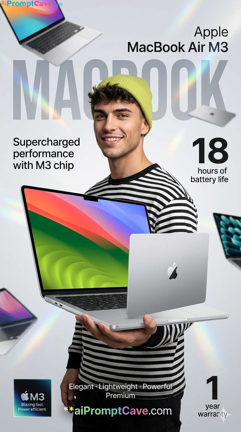 MacBook Air M3 E-Commerce Advertising Prompt – Free Ai Image Prompt Premium MacBook Air M3 E-Commerce Advertising Poster Prompt - Free Ai Image Prompt