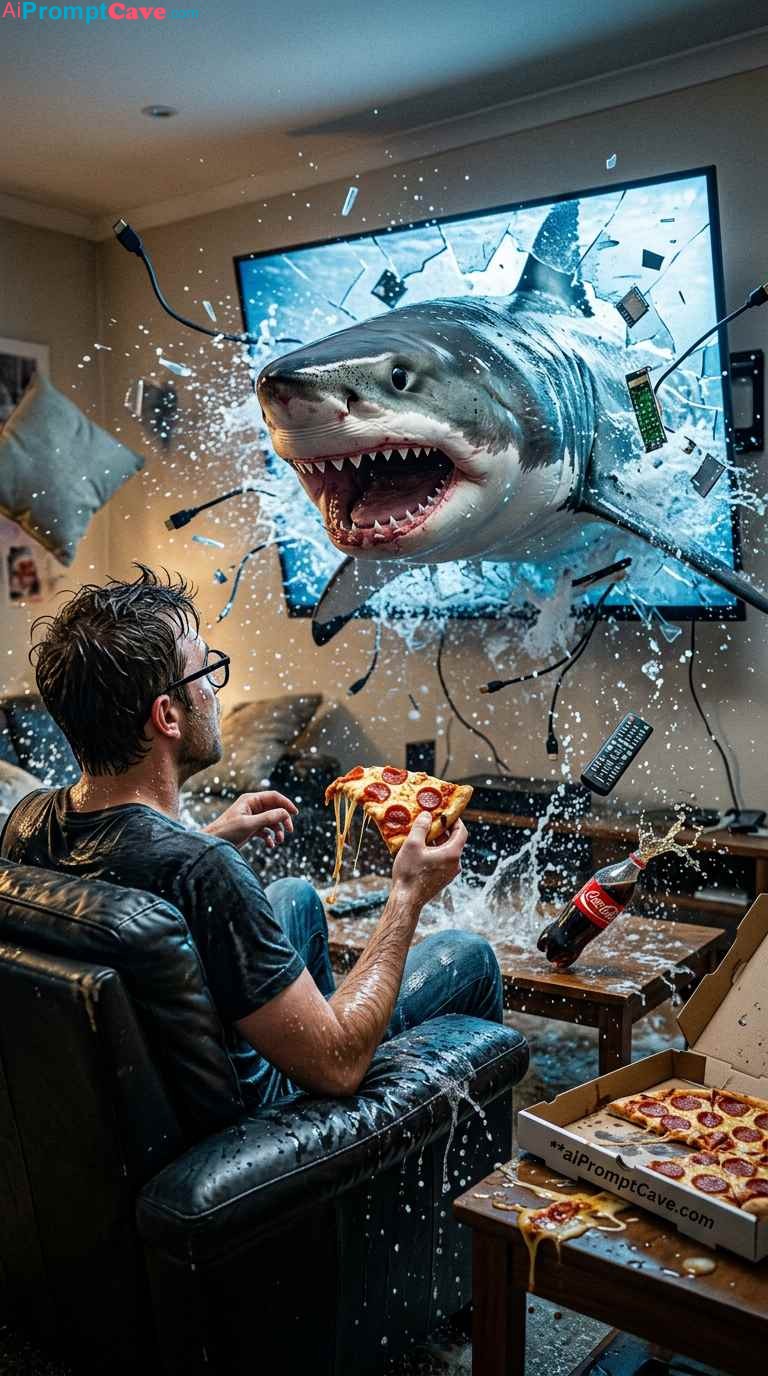 Shark Breach Through TV - Free Ai Image Prompt