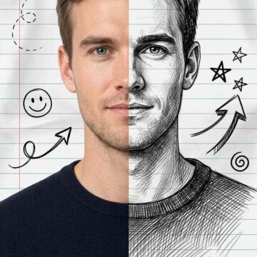 Split Photo to Sketch Portrait Prompt - Free Ai Image Prompt