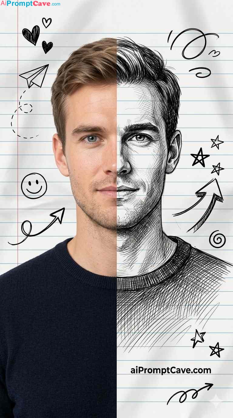 Split Photo to Sketch Portrait Prompt – Free Ai Image Prompt Split Photo to Sketch Portrait Prompt - Free Ai Image Prompt