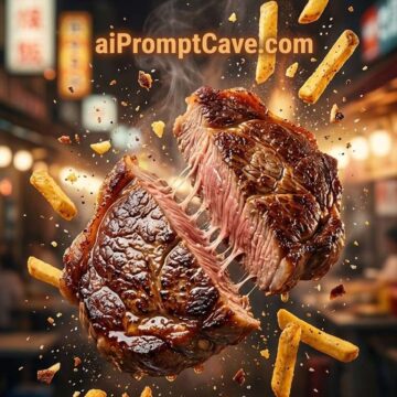 Steak and Fries Explosion Macro Food Photography Cinematic Action Shot - Free Ai Image Prompt