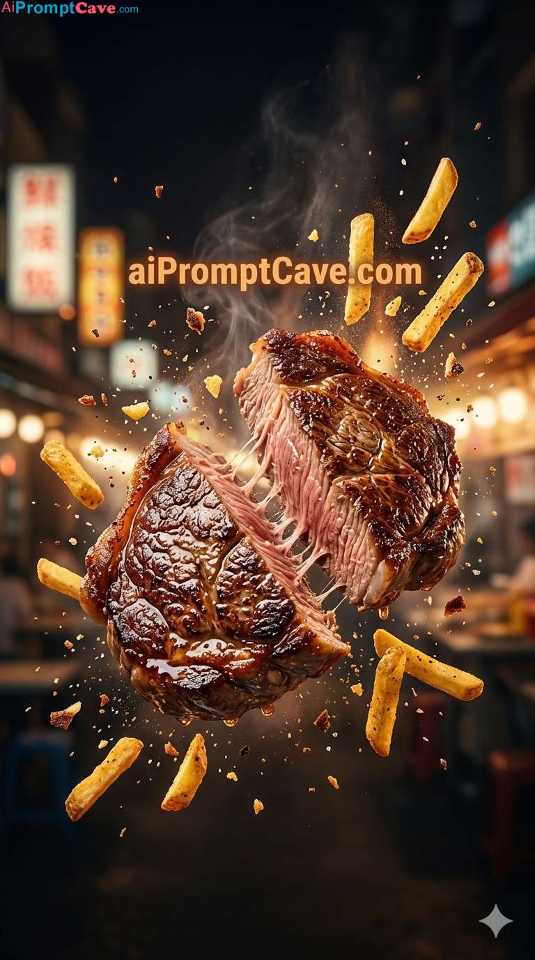Steak and Fries Explosion Macro Food Photography Cinematic Action Shot - Free Ai Image Prompt