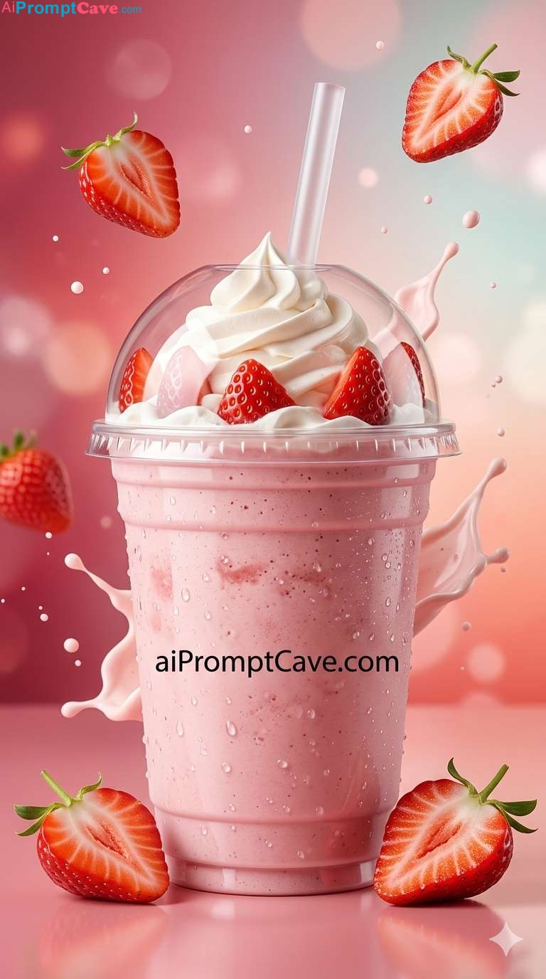 Strawberry Milkshake Prompt – Free Ai Image Prompt Strawberry Milkshake Hero Advertising Prompt - Free Ai Image Prompt