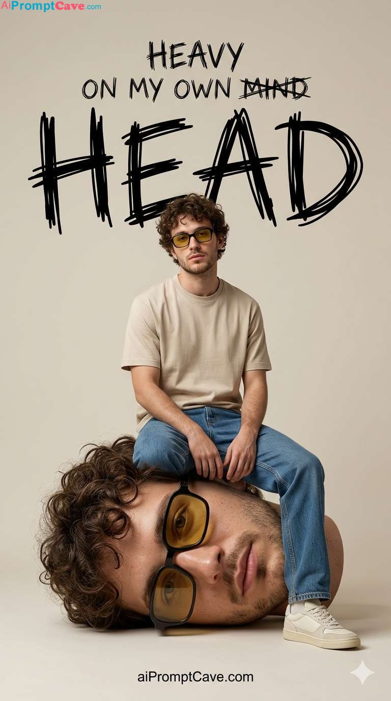 Surreal Man Sitting On His Giant Head Prompt