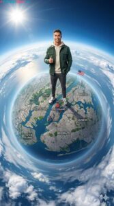 Tiny Planet New York Travel Poster Featuring a Male Character - Free Ai Image Prompt