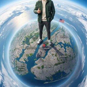 Tiny Planet New York Travel Poster Featuring a Male Character - Free Ai Image Prompt