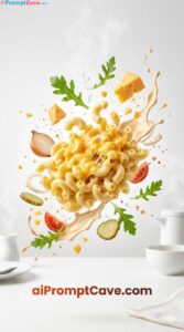 Flying Macaroni and Cheese Food Photography Prompt - Free Ai Image Prompt