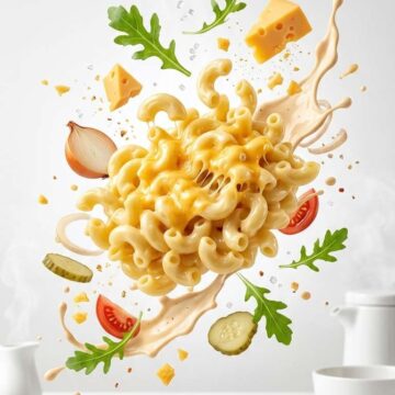 Flying Macaroni and Cheese Food Photography Prompt - Free Ai Image Prompt