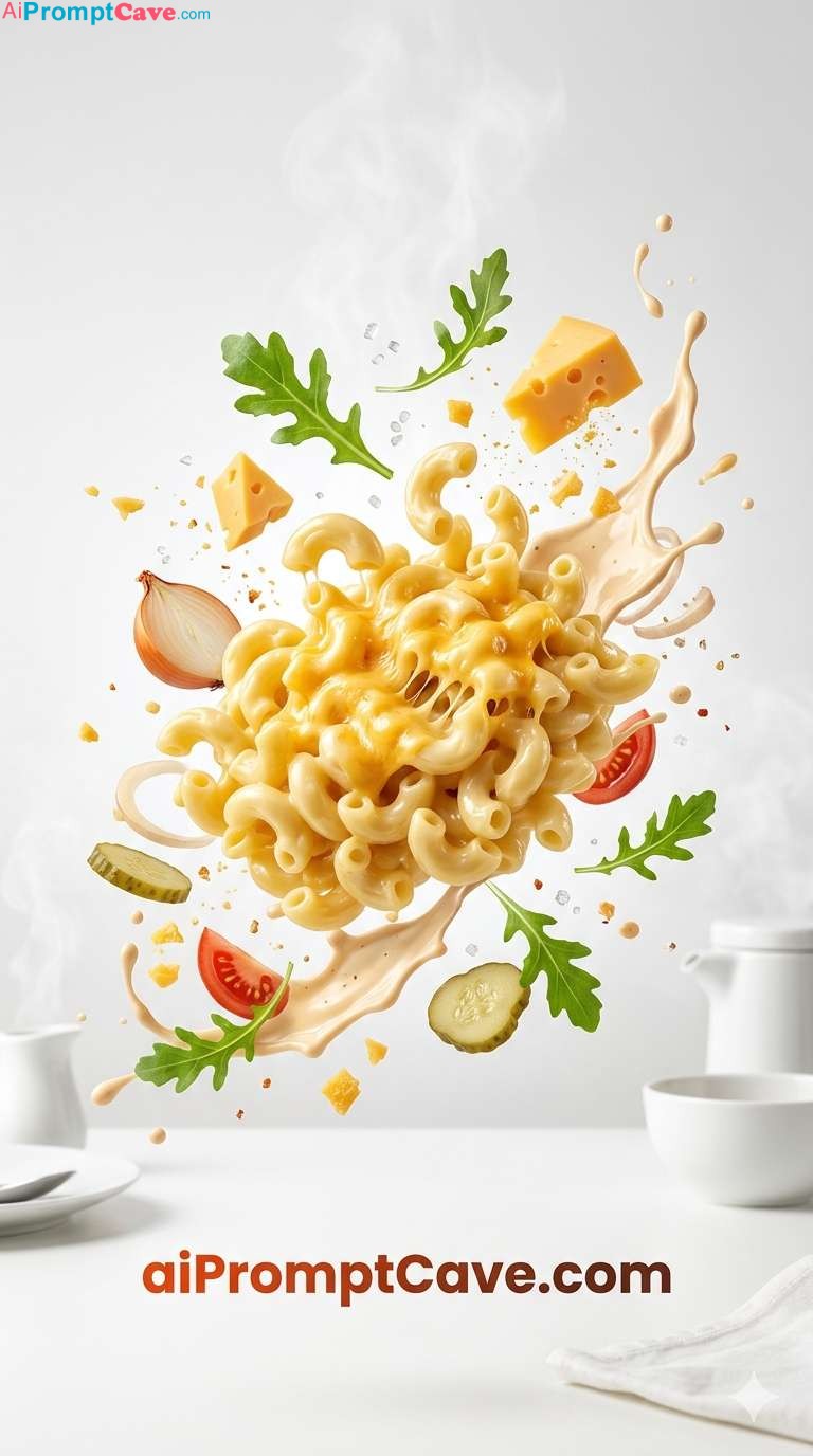 Flying Macaroni and Cheese Food Photography Prompt - Free Ai Image Prompt